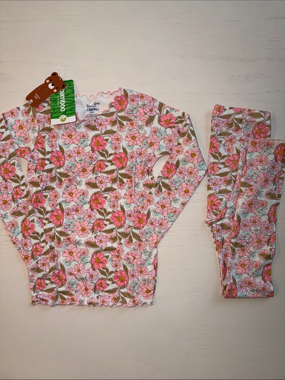 Vaenait Girl Bamboo Pink Floral Long Sleeve Pajama Set 6-7